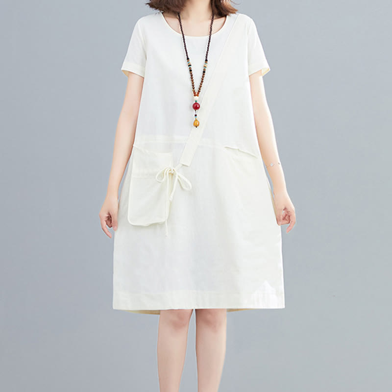 Vestido midi informal de verano con cuello redondo, manga corta, de lino y algodón, con cordones y bolsillos , de Buddha Stones - image 2