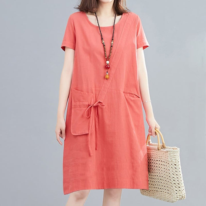 Vestido midi informal de verano con cuello redondo, manga corta, de lino y algodón, con cordones y bolsillos , de Buddha Stones - Coral claro - US8-10，UK/AU12-14，EU40-42 (2XL) - image 5
