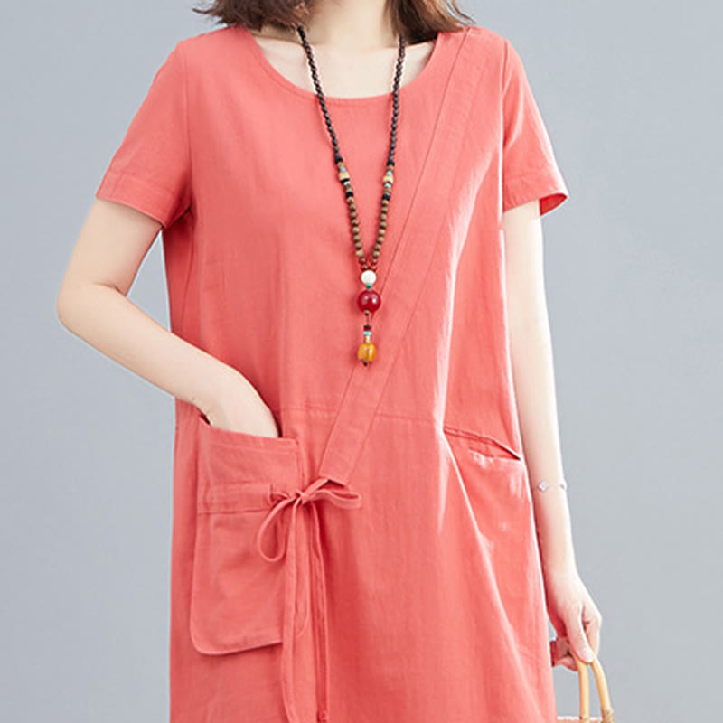 Vestido midi informal de verano con cuello redondo, manga corta, de lino y algodón, con cordones y bolsillos , de Buddha Stones - image 6