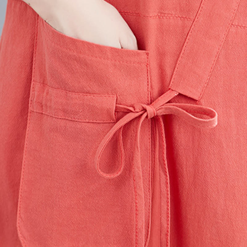 Vestido midi informal de verano con cuello redondo, manga corta, de lino y algodón, con cordones y bolsillos , de Buddha Stones - image 14