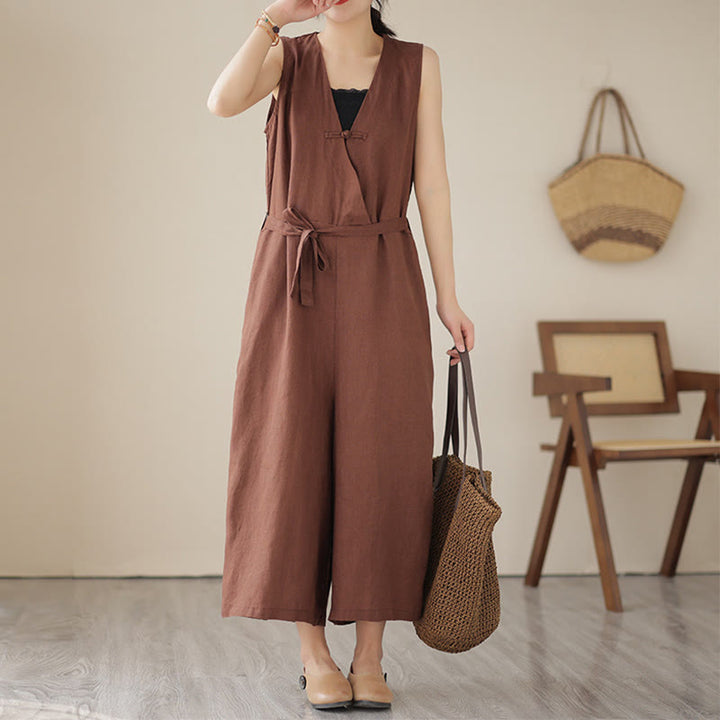 Mono informal de lino y algodón con diseño sencillo, sin mangas y con cordones, con estampado de Buddha Stones y bolsillos para mujer - Marrón silla de montar - US14，UK/AU18，EU46 (2XL) - image 0