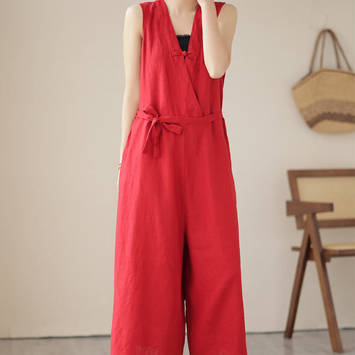 Mono informal de lino y algodón con diseño sencillo, sin mangas y con cordones, con estampado de Buddha Stones y bolsillos para mujer - image 8