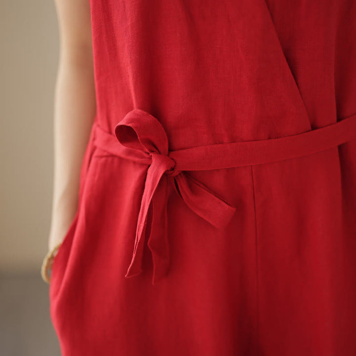 Mono informal de lino y algodón con diseño sencillo, sin mangas y con cordones, con estampado de Buddha Stones y bolsillos para mujer - image 15