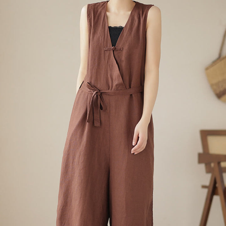 Mono informal de lino y algodón con diseño sencillo, sin mangas y con cordones, con estampado de Buddha Stones y bolsillos para mujer - image 3