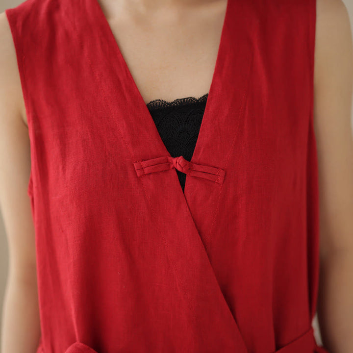 Mono informal de lino y algodón con diseño sencillo, sin mangas y con cordones, con estampado de Buddha Stones y bolsillos para mujer - image 13