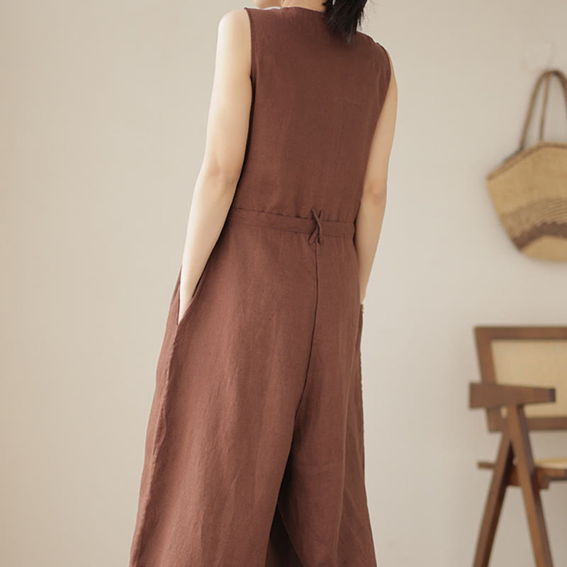 Mono informal de lino y algodón con diseño sencillo, sin mangas y con cordones, con estampado de Buddha Stones y bolsillos para mujer - image 4