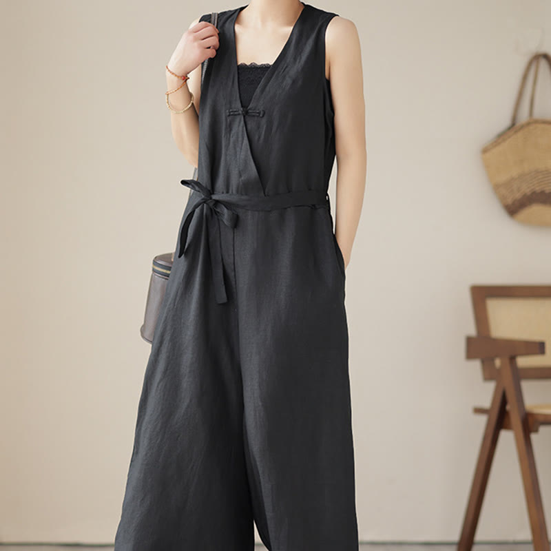 Mono informal de lino y algodón con diseño sencillo, sin mangas y con cordones, con estampado de Buddha Stones y bolsillos para mujer - image 19