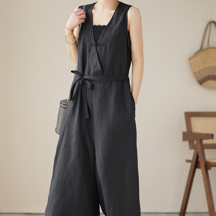 Mono informal de lino y algodón con diseño sencillo, sin mangas y con cordones, con estampado de Buddha Stones y bolsillos para mujer - image 19