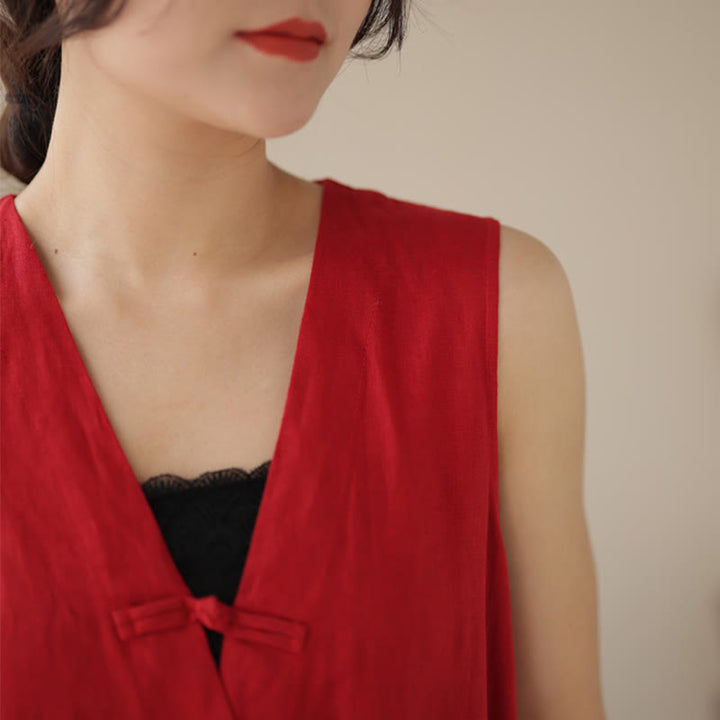 Mono informal de lino y algodón con diseño sencillo, sin mangas y con cordones, con estampado de Buddha Stones y bolsillos para mujer - image 12