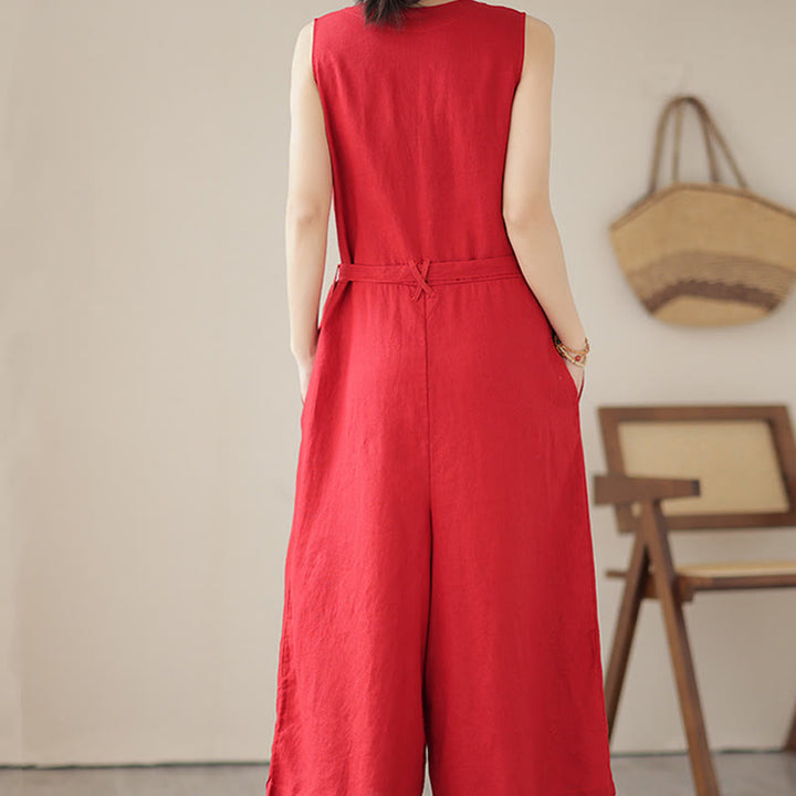 Mono informal de lino y algodón con diseño sencillo, sin mangas y con cordones, con estampado de Buddha Stones y bolsillos para mujer - image 9