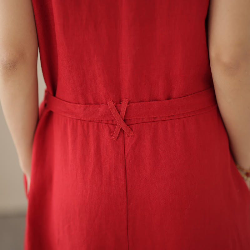 Mono informal de lino y algodón con diseño sencillo, sin mangas y con cordones, con estampado de Buddha Stones y bolsillos para mujer - image 14