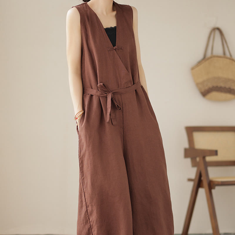 Mono informal de lino y algodón con diseño sencillo, sin mangas y con cordones, con estampado de Buddha Stones y bolsillos para mujer - image 5