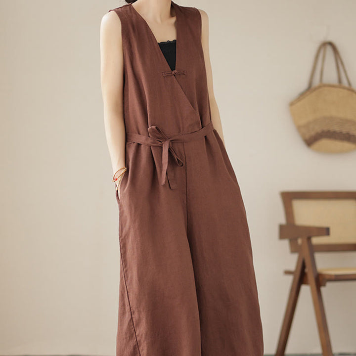 Mono informal de lino y algodón con diseño sencillo, sin mangas y con cordones, con estampado de Buddha Stones y bolsillos para mujer - image 5