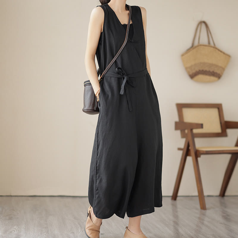 Mono informal de lino y algodón con diseño sencillo, sin mangas y con cordones, con estampado de Buddha Stones y bolsillos para mujer - Negro - US14，UK/AU18，EU46 (2XL) - image 16