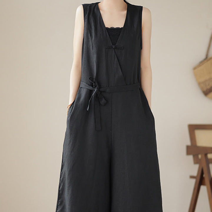 Mono informal de lino y algodón con diseño sencillo, sin mangas y con cordones, con estampado de Buddha Stones y bolsillos para mujer - image 18