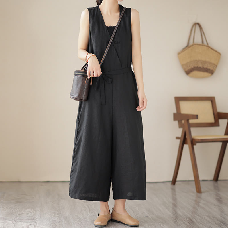 Mono informal de lino y algodón con diseño sencillo, sin mangas y con cordones, con estampado de Buddha Stones y bolsillos para mujer - image 17