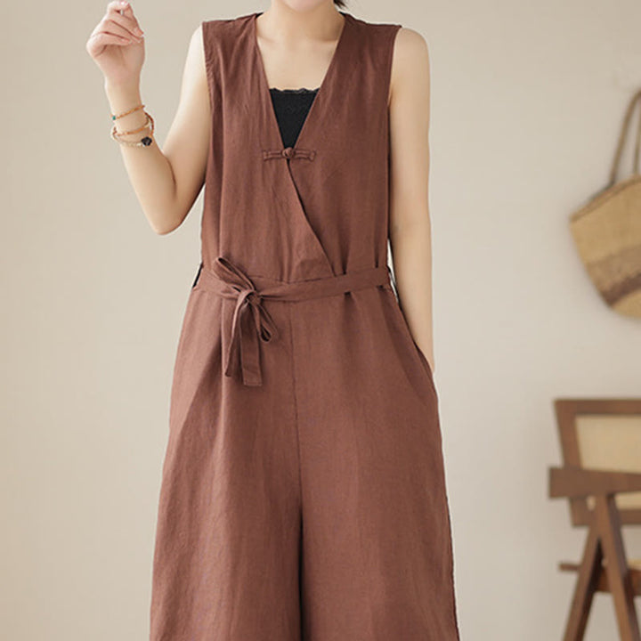 Mono informal de lino y algodón con diseño sencillo, sin mangas y con cordones, con estampado de Buddha Stones y bolsillos para mujer - image 2