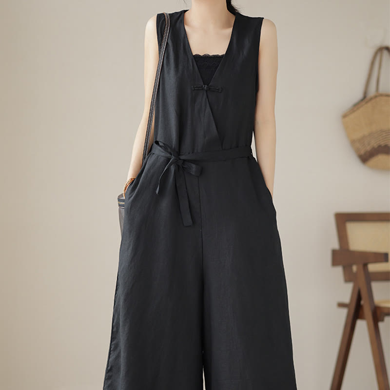 Mono informal de lino y algodón con diseño sencillo, sin mangas y con cordones, con estampado de Buddha Stones y bolsillos para mujer - image 21