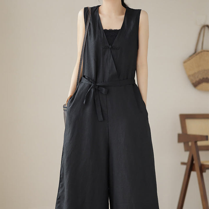 Mono informal de lino y algodón con diseño sencillo, sin mangas y con cordones, con estampado de Buddha Stones y bolsillos para mujer - image 21