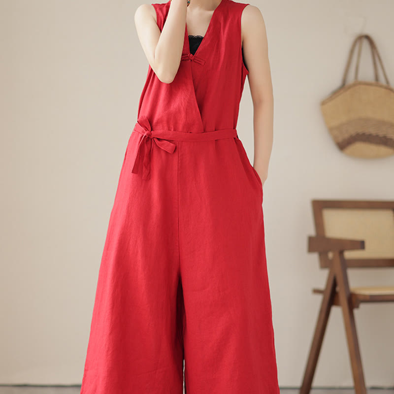 Mono informal de lino y algodón con diseño sencillo, sin mangas y con cordones, con estampado de Buddha Stones y bolsillos para mujer - image 10