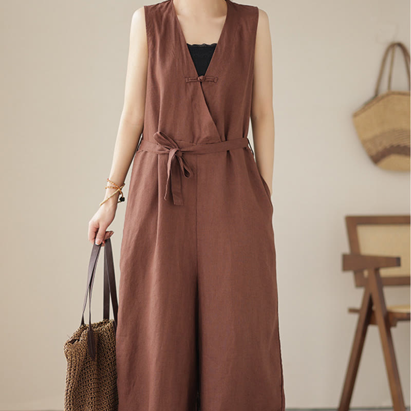 Mono informal de lino y algodón con diseño sencillo, sin mangas y con cordones, con estampado de Buddha Stones y bolsillos para mujer - image 1