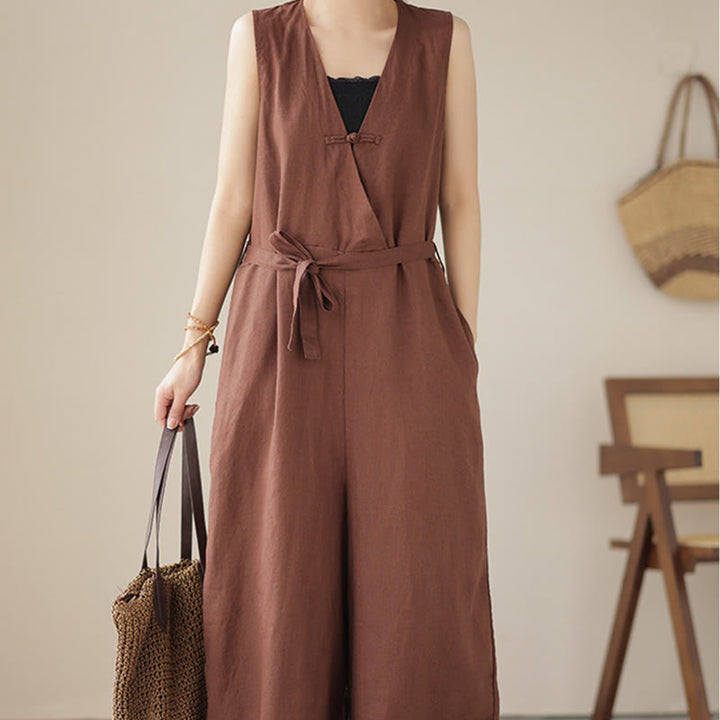 Mono informal de lino y algodón con diseño sencillo, sin mangas y con cordones, con estampado de Buddha Stones y bolsillos para mujer - image 1