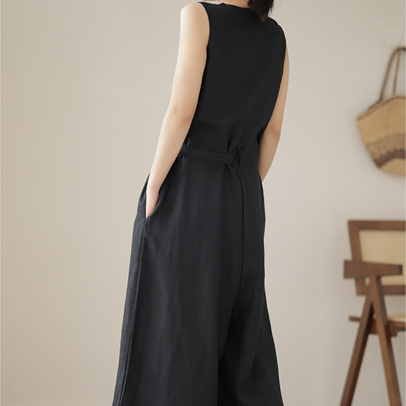 Mono informal de lino y algodón con diseño sencillo, sin mangas y con cordones, con estampado de Buddha Stones y bolsillos para mujer - image 20