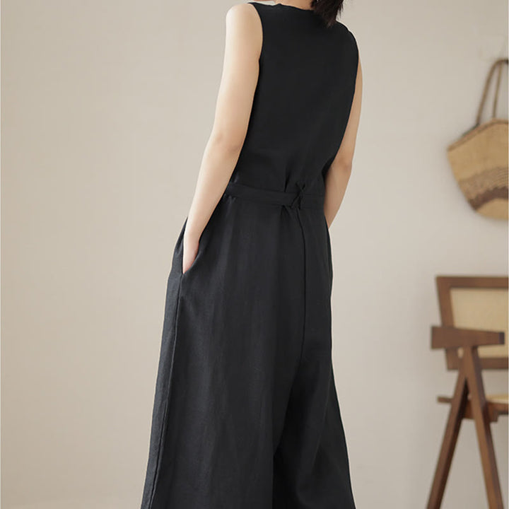 Mono informal de lino y algodón con diseño sencillo, sin mangas y con cordones, con estampado de Buddha Stones y bolsillos para mujer - image 20