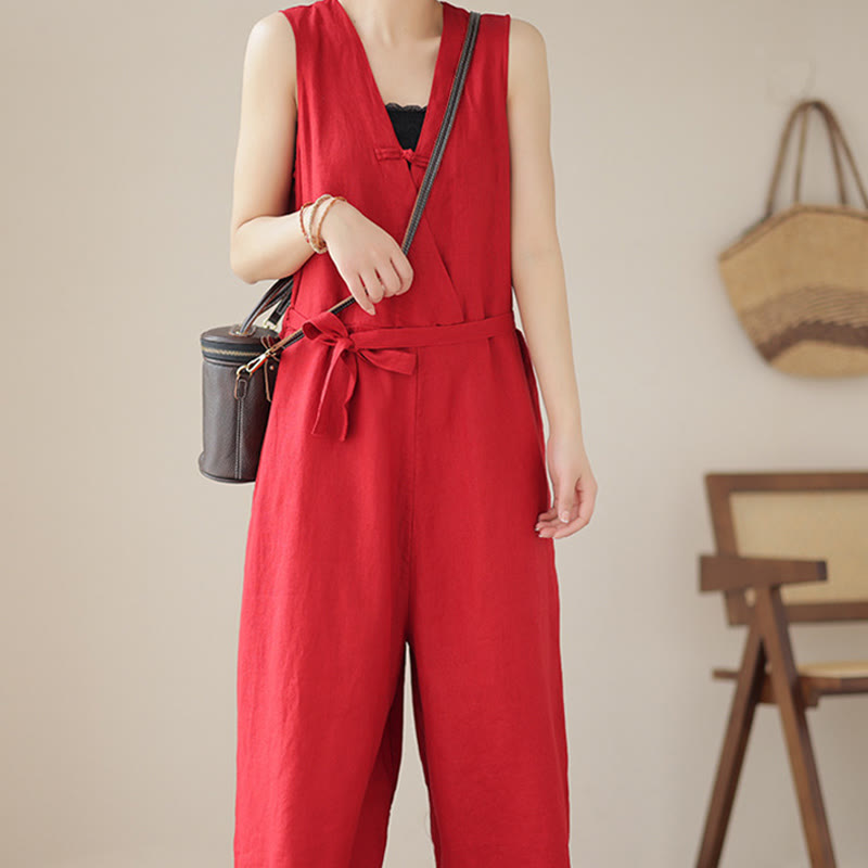 Mono informal de lino y algodón con diseño sencillo, sin mangas y con cordones, con estampado de Buddha Stones y bolsillos para mujer - image 11