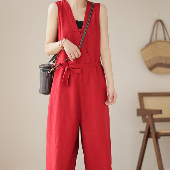 Mono informal de lino y algodón con diseño sencillo, sin mangas y con cordones, con estampado de Buddha Stones y bolsillos para mujer - image 11