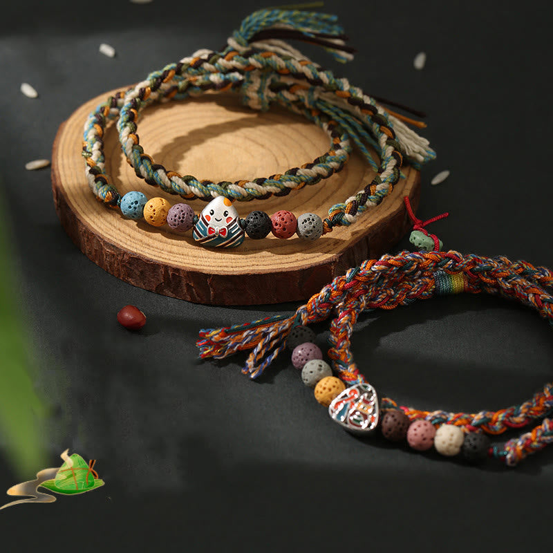 Pulsera trenzada de la suerte con Buddha Stones, Festival del Bote del Dragón, cuerda colorida, roca de lava, personaje Fu, albóndigas de arroz