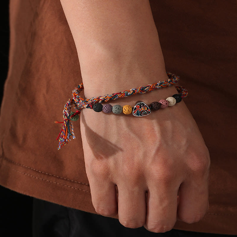 Pulsera trenzada de la suerte con Buddha Stones, Festival del Bote del Dragón, cuerda colorida, roca de lava, personaje Fu, albóndigas de arroz