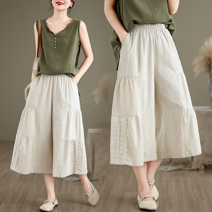 Pantalones cortos de mujer de algodón con estampado de Buddha Stones, encaje liso y pernera ancha, con bolsillos. - image 10