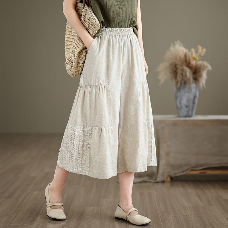 Pantalones casuales de lino y algodón con encaje liso y bolsillos para mujer de Buddha Stones - Beige - US8-10，UK/AU12-14，EU40-42 (2XL) - image 0