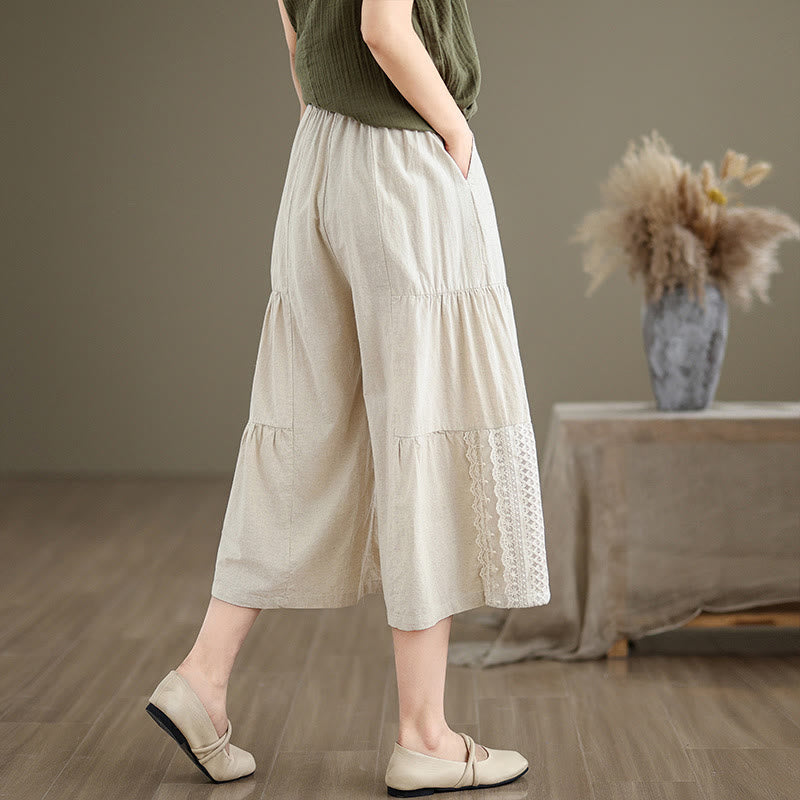 Pantalones casuales de lino y algodón con encaje liso y bolsillos para mujer de Buddha Stones - image 4