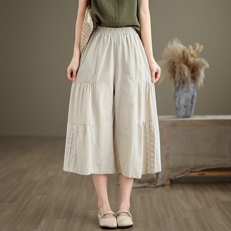 Pantalones cortos de mujer de algodón con estampado de Buddha Stones, encaje liso y pernera ancha, con bolsillos. - image 3