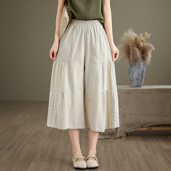 Pantalones cortos de mujer de algodón con estampado de Buddha Stones, encaje liso y pernera ancha, con bolsillos. - image 3