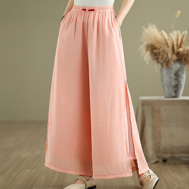 Pantalones anchos de algodón y lino con diseño vintage de Buddha Stones para mujer, con bolsillos