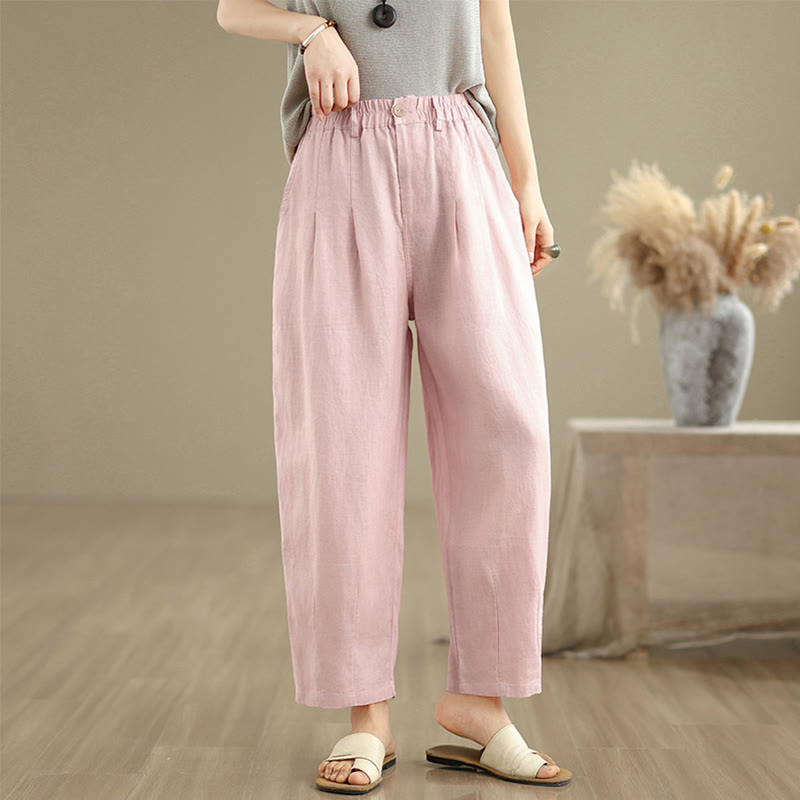 Pantalones harén de lino y algodón con bolsillos para mujer, de cintura alta, informales, de verano, de color liso, con Buddha Stones - Rosa claro - US8-10，UK/AU12-14，EU40-42 (2XL) - image 12