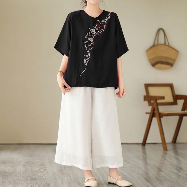 Camiseta de mujer con cuello redondo, manga corta y diseño geométrico bordado étnico con Buddha Stones - image 9