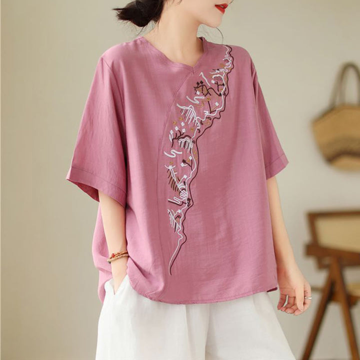 Camiseta de mujer con cuello redondo, manga corta y diseño geométrico bordado étnico con Buddha Stones - image 3