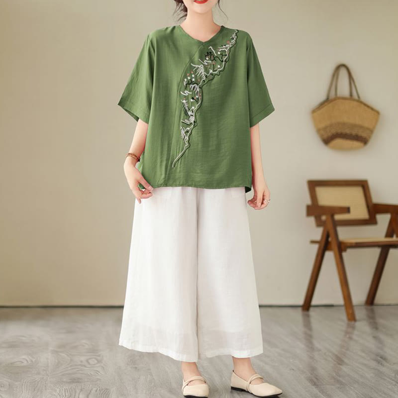 Camiseta de mujer con cuello redondo, manga corta y diseño geométrico bordado étnico con Buddha Stones - image 1