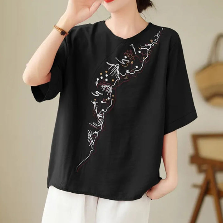 Camiseta de mujer con cuello redondo, manga corta y diseño geométrico bordado étnico con Buddha Stones - Negro - US14, UK/AU18, EU46 (4XL) - image 8