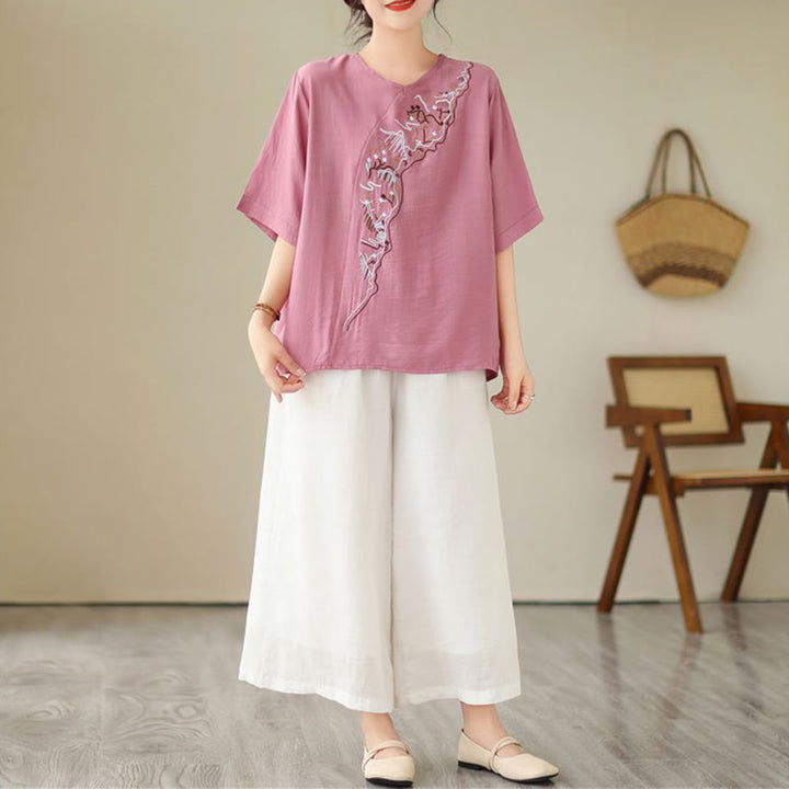 Camiseta de mujer con cuello redondo, manga corta y diseño geométrico bordado étnico con Buddha Stones - image 5