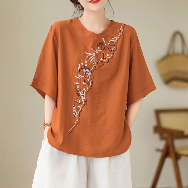 Camiseta de mujer con cuello redondo, manga corta y diseño geométrico bordado étnico con Buddha Stones - image 7