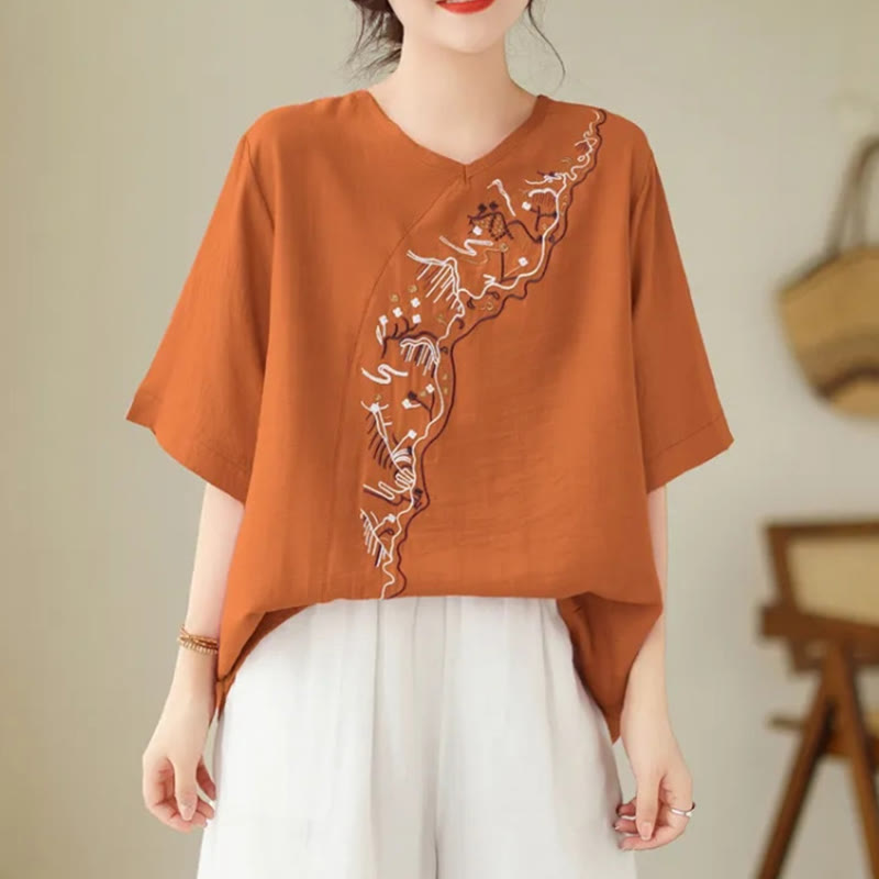 Camiseta de mujer con cuello redondo, manga corta y diseño geométrico bordado étnico con Buddha Stones - Naranja oscuro - US14, UK/AU18, EU46 (4XL) - image 6