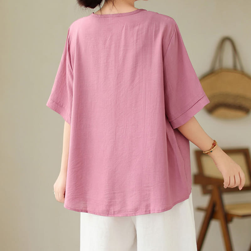 Camiseta de mujer con cuello redondo, manga corta y diseño geométrico bordado étnico con Buddha Stones - image 4