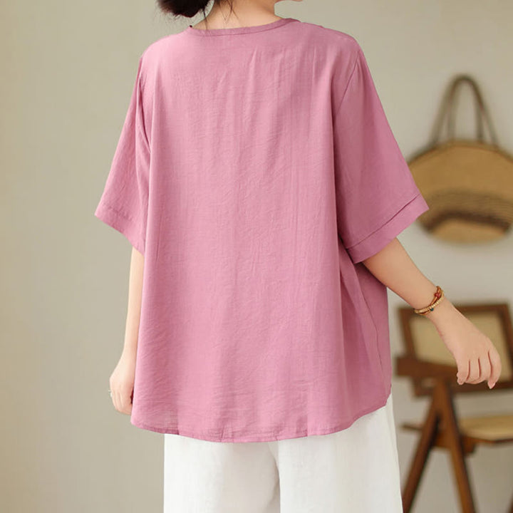 Camiseta de mujer con cuello redondo, manga corta y diseño geométrico bordado étnico con Buddha Stones - image 4