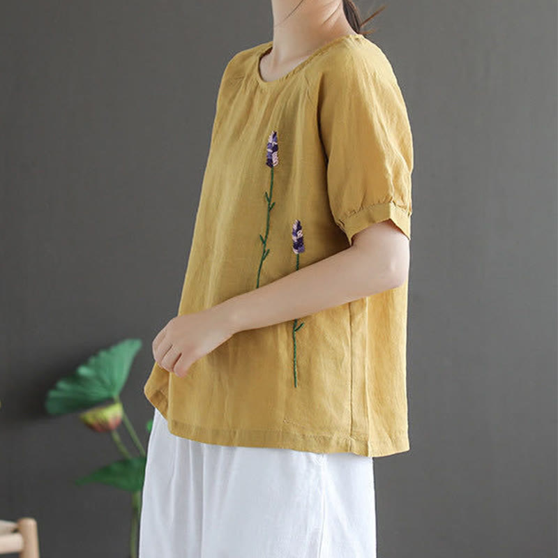 Camiseta de algodón y lino con cuello redondo para mujer, diseño vintage de flores bordadas con Buddha Stones , de verano - image 9