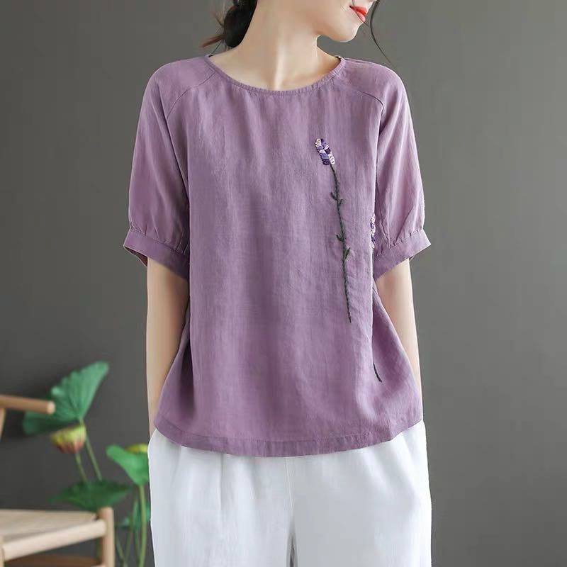 Camiseta de algodón y lino con cuello redondo para mujer, diseño vintage de flores bordadas con Buddha Stones , de verano - image 2